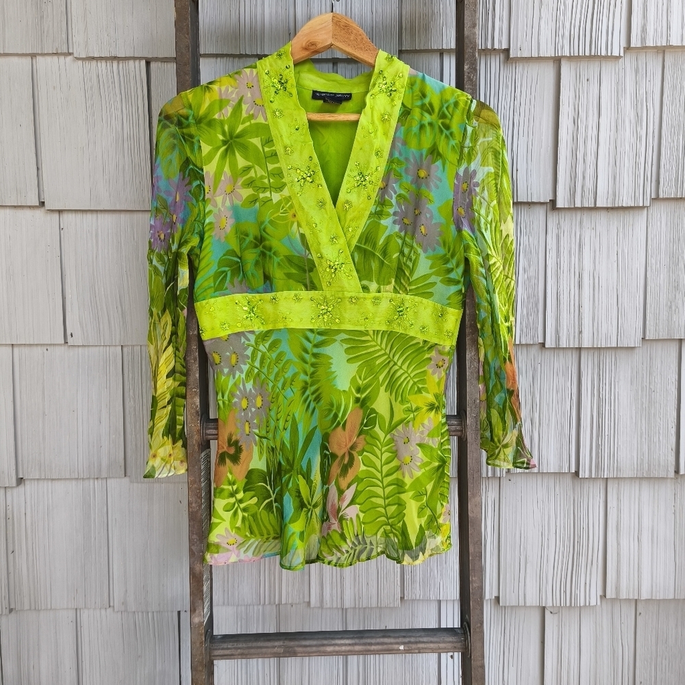 y2k Spenser Jeremey 100% Silk Tropical Floral Empire Waist Blouse sz S Green